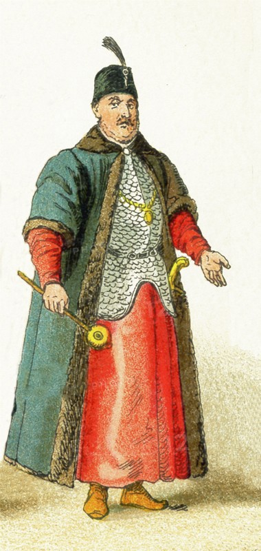 The Slavonic figure pictured here dates to 1500 and represents a Polish grandee. Slavs lived chiefly in eastern and southeastern Europe. The illustration dates to 1882.