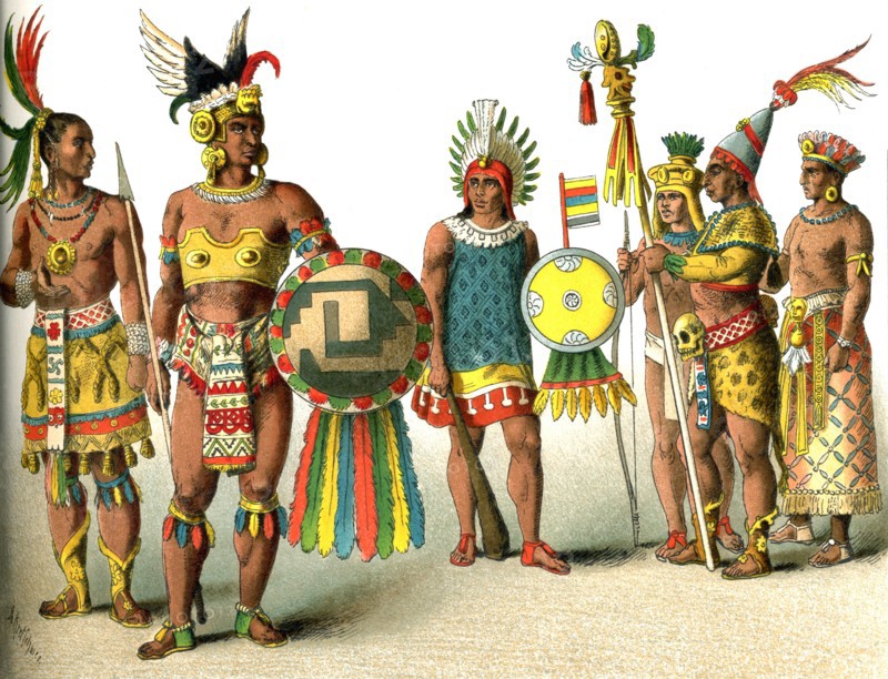 This illustration shows Mexicans around A.D. 1500. From left to right are: a high-ranking man, a chieftain, two warriors, a standard bearer, and another high-ranking man. The illustration dates to 1882.