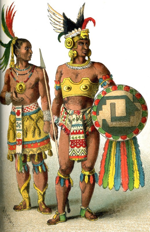 This illustration shows Mexicans around A.D. 1500. At left is a high-ranking man and at right is a chieftain. The illustration dates to 1882.