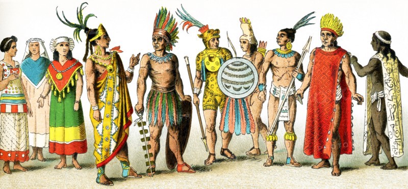 The figures pictured in this illustration show Mexican dress around A.D. 1500, from left to right, are: two women, a priestess, a king, four warriors, a high priest, and a priest of the god of war. The illustration dates to 1882.