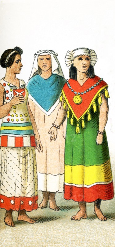 The figures pictured in this illustration show two Mexican women and a Mexican priestess around A.D. 1500. The illustration dates to 1882.