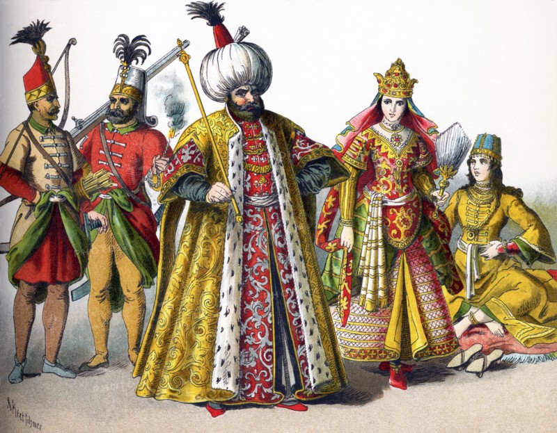 These figures represent Turks in the Ottoman Empire in 1500. They are, from left to right: a guard, a Janizary, a Sultan, A Sultana, and a woman of rank. The illustration dates to 1882.