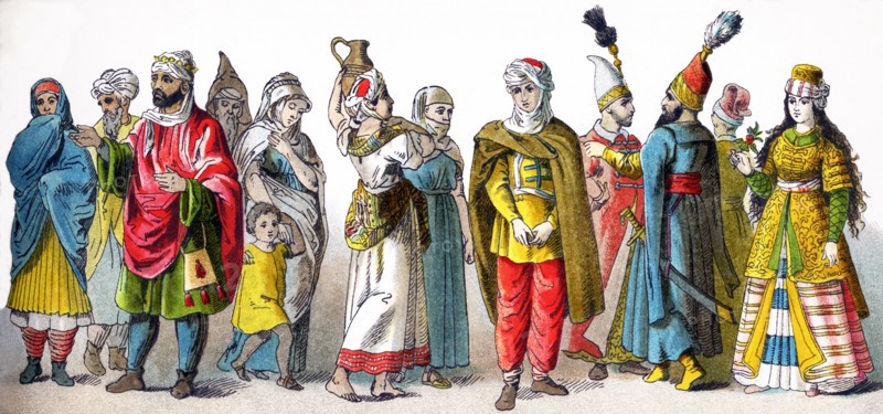 These figures represent Moors and Turks in the Ottoman Empire, all in 1500. They are, from left to right: a woman, man, king, man, boy, three women, man, three high officers of the state, and a maiden. The illustration dates to 1882.