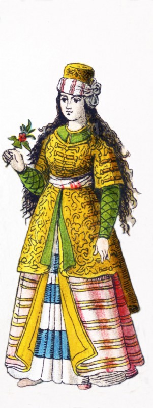 This figure represents an Ottoman maiden in the Ottoman Empire in 1500. The illustration dates to 1882.