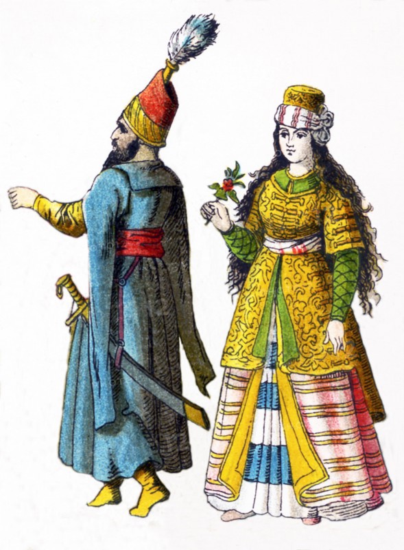 These figures represent two Turks in the Ottoman Empire in 1500. The one on the left is a high officer of state. On the left is a maiden. The illustration dates to 1882.