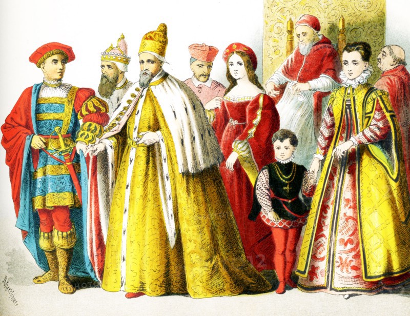 The figures pictured here represent Italians around 1500 A.D. They are from left to right: man of rank, Doge of Venice, Doge of Venice, cardinal in house dress, woman of rank, Pope in house-dress: Julius II, woman of rank with her son, cardinal in house dress. The illustration dates to 1882.