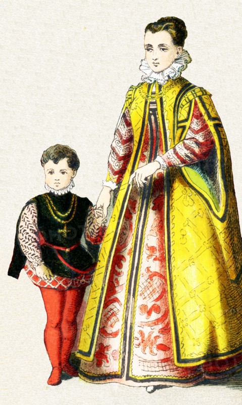 The figures pictured here represent an Italian noble lady and her son around 1500 A.D. The illustration dates to 1882.