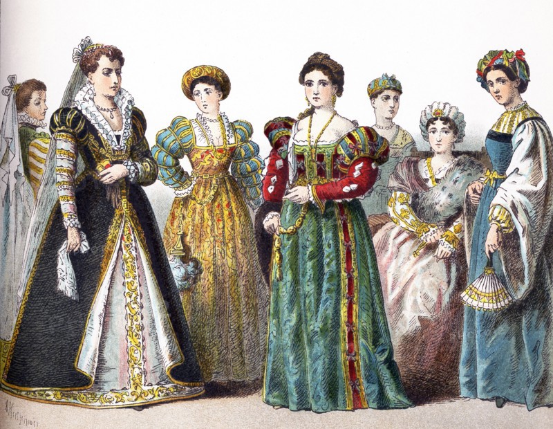 This illustration, which dates to 1882, shows Italian women. The two at left date to 1550-1600. The five on the left date to 1500-1550.