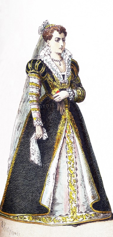 This illustration, which dates to 1882, shows an upper-class Italian woman between 1550-1600. .