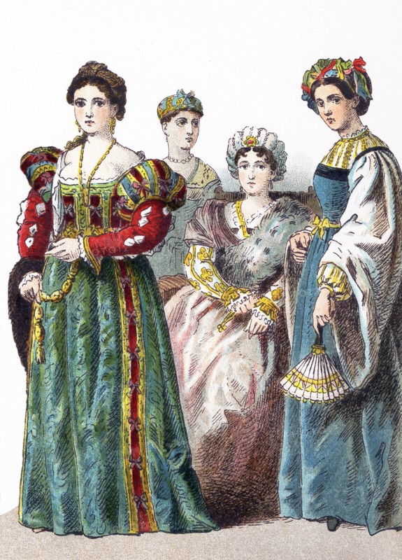 This illustration, which dates to 1882, shows four Italian women between 1500 and 1550.
