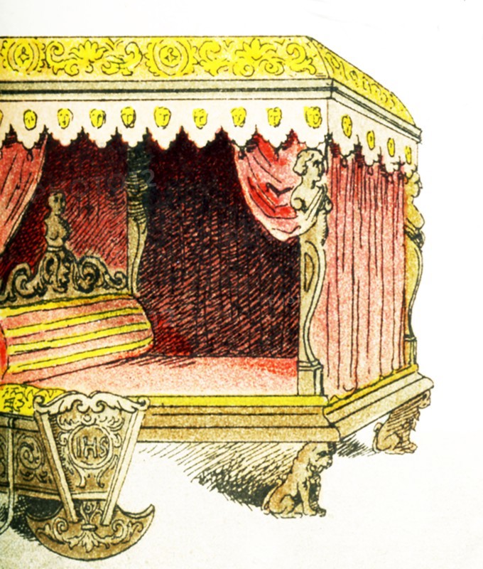 Shown here are European artifacts from approximately the year 1500.They are a bed and a cradle. The illustration dates to 1882.