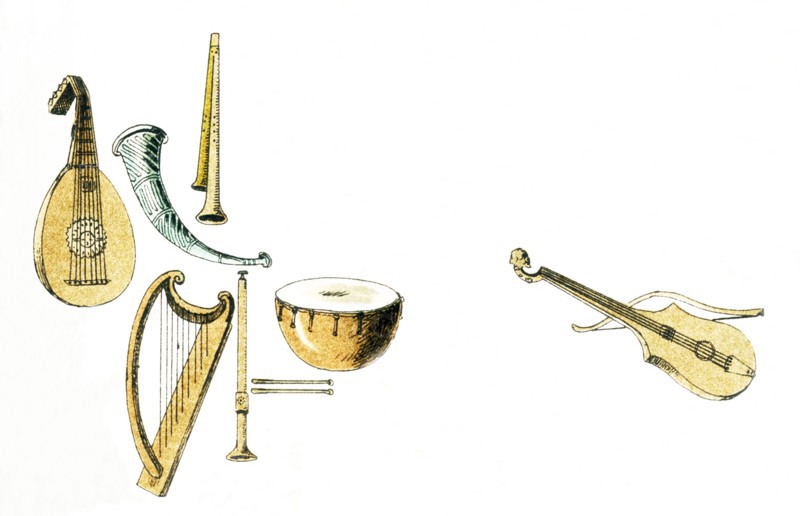 Shown here are European musical instruments from approximately the year 1500. The illustration dates to 1882.