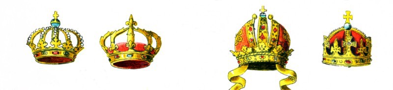 Shown here are European crowns from approximately the year 1500.They are from left to right, top to bottom: English crown, German Imperial crown, French crown, Spanish crown. The illustration dates to 1882.