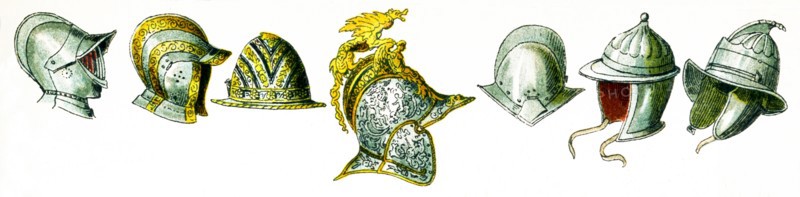 Shown here are seven European helmets from approximately the year 1500. The illustration dates to 1882.