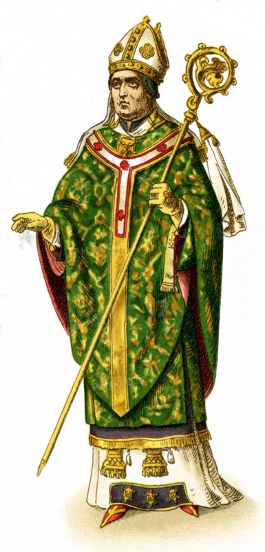 Shown in this image is a Christian bishop in full pontificals. The illustration dates to 1882. .