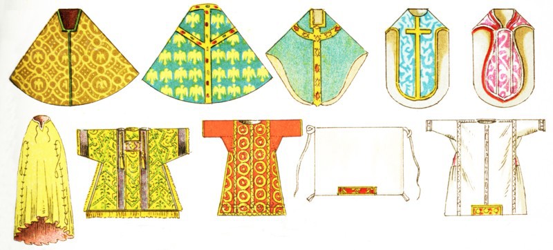 Shown in this image are a variety of ecclesiastical costumes related to the Christian Church. They are, from left to right, top to bottom: chausable from the 10th century, chausable from 11th century, chausable from 14th century, chausable from 15th century, chausable from 1880s, chausable from 11th century, dalmatic from 15th century, tunic from 12th century, alb from 14th century, humeral veil (usage began in 11th century). The illustration dates to 1882. .