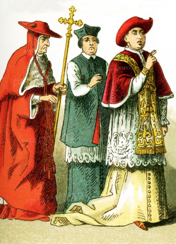 The images here all feature ecclesiastical Costume, from the 11th century through the 19th century. They are from left to right: the Cappa Magna of a cardinal, short mantle, the pope. The illustration dates to 1882.