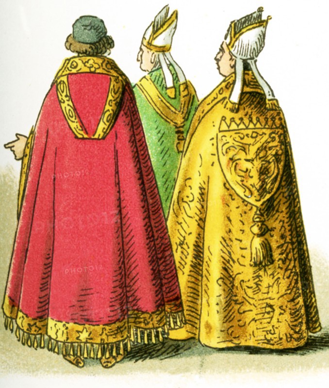 The images here all feature ecclesiastical Costume, from the 11th century through the 19th century. They are from left to right: the pluvial or choral hood worn at the end of the 13th century, the Pluvial or Choral hood of a priest at the end of the 15th century, the Pluvial or Choral hood in the 19th century. The illustration dates to 1882. .