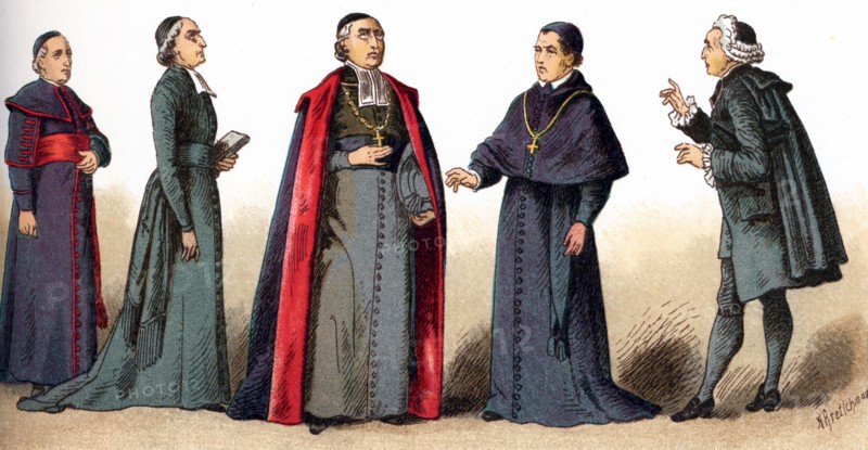 The illustrations shown here depict ecclesiastical costumes. They are, from left to right: a bishop in the Zimarra; a priest in the soutanne; a bishop in ordinary vestments; a bishop in house costume, and an abbe in the time of Louis XVI. The illustration dates to 1882.