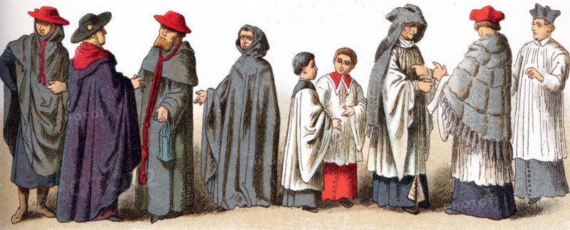 The illustrations shown here depict ecclesiastical costumes. They are, from left to right: three caps worn for ordinary use by bishops and cardinals); a Cap worn for funeral solemnities; two Ministrants or altar boys in the 15th century; a Canon wearing a cope and amess in the 15th century; a Canon in the 17th century; and a priest wearing a cope and soutanne. The illustration dates to 1882.