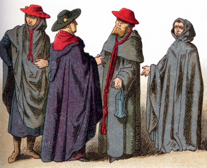 The illustrations shown here depict ecclesiastical costumes. They are, from left to right: Three caps worn for ordinary use by bishops and cardinals and a Cap worn for funeral solemnities. The illustration dates to 1882.