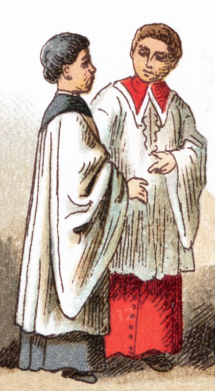 The illustrations shown here depict ecclesiastical costumesof two Ministrants or altar boys in the 15th century. The illustration dates to 1882.