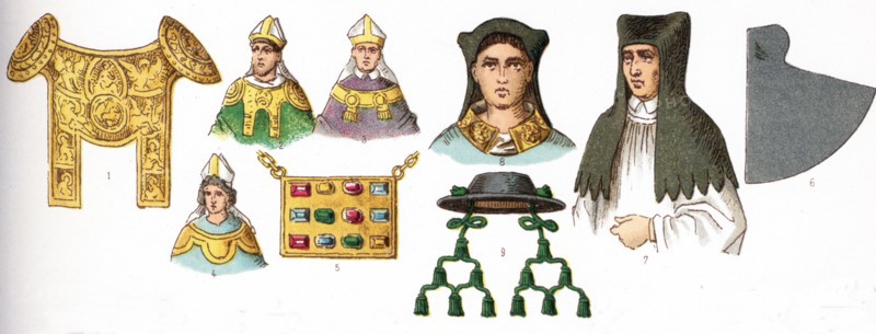 The illustrations shown here depict ecclesiastical costumes. They are, by row, from left to right, top to bottom: 1 through 4 Rational (used by German bishops 12th-14the centuries; 5 Pectoral (worn 12th and 13th centuries); 6 through 8 Amess (A flexible, conical, brimless head-dress, covering the entire head, except the face); and 9 Bishop's hat. The illustration dates to 1882.