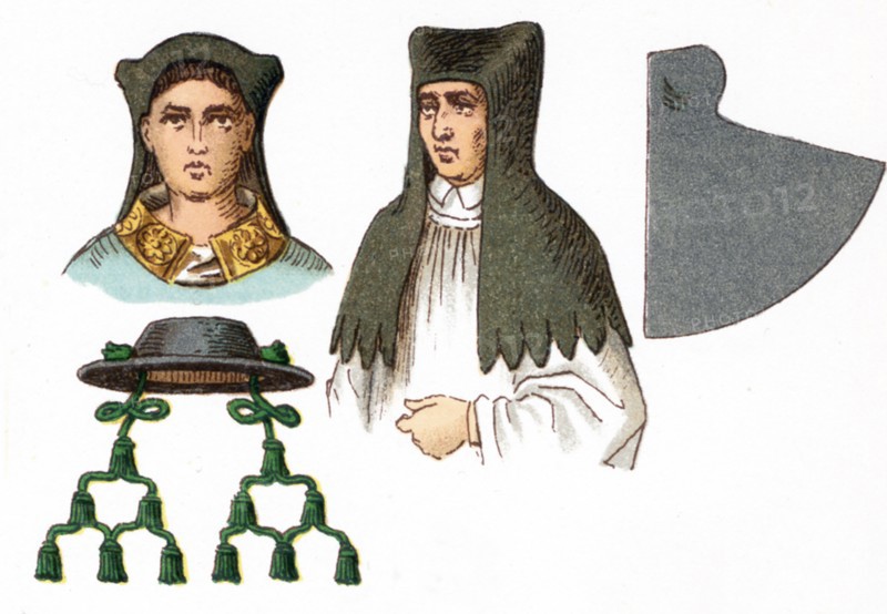 The illustrations shown here depict ecclesiastical costumes. They are, by row, from left to right, top to bottom: three Amess (A flexible, conical, brimless head-dress, covering the entire head, except the face) and a Bishop's hat. The illustration dates to 1882.