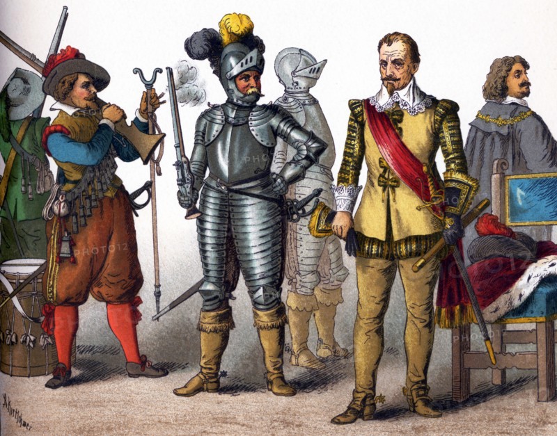 The figures here represent military and nobles from the lands that today comprise Germany. The costumes date to A.D. 1600. From left to right, they are: two musketeers, two cuirassiers (mounted cavalry soldiers equipped with armor and firearms), Generalissmo Wallenstein (Bohemian soldier and politician), and Octavius Piccolomini. This illustration dates to 1882.