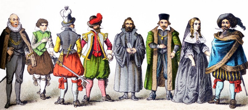 The figures represented here are all Germans in the 1600s. From left to right, they are: four man of rank, a Protestant clergyman, a man of rank, a woman of rank in mourning (1650-1700), and a man of rank. The illustration dates to 1882.