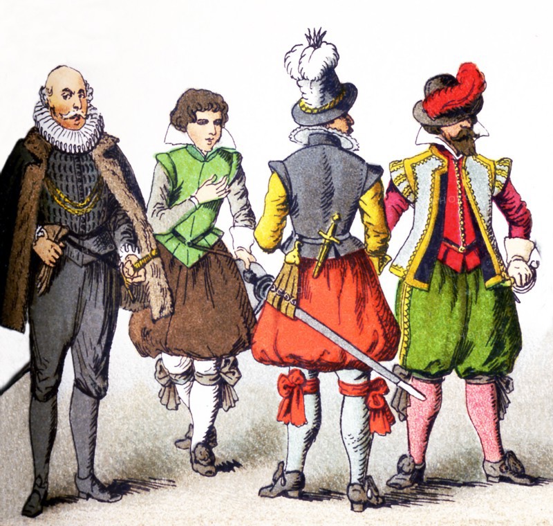 The figures represented here are all Germans in the 1600s. From left to right, they are: four man of rank. The illustration dates to 1882.