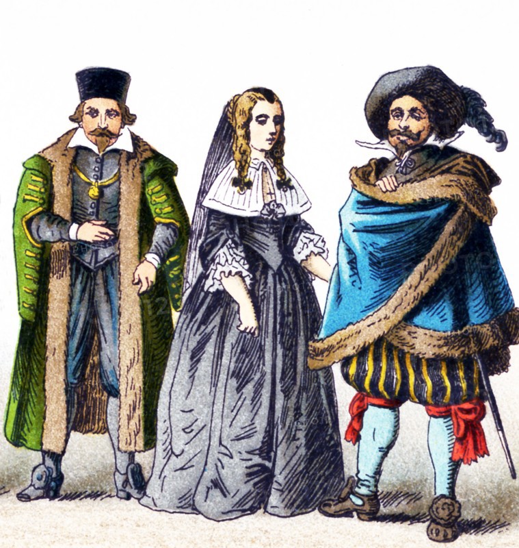 The figures represented here are all Germans in the 1600s. From left to right, they are: a man of rank, a woman of rank in mourning (1650-1700), and a man of rank. The illustration dates to 1882.
