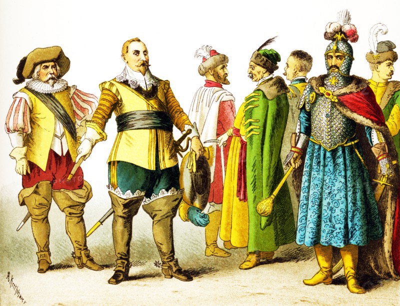 The figures shown here represent, from left to right, are: a Swede, Gustavus Adolphus (died 1632), three Poles, King John Sobiesky, and a Pole. The clothes, attire, and names all date to the 1600s.The illustration dates to 1882.