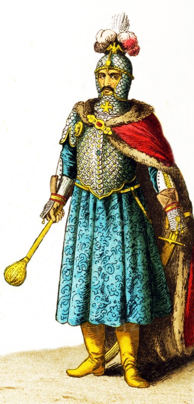 The figures shown here represent, from left to right, are: a Swede, Gustavus Adolphus (died 1632), three Poles, King John Sobiesky, and a Pole. The clothes, attire, and names all date to the 1600s.The illustration dates to 1882.