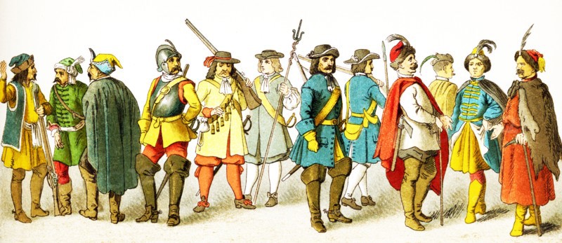 The figures shown here represent, from left to right, are: three Croats, an Austrian Cuirassier (1683), an Austrian infantry man (1670), an Austrian artillery man (1671), a Brandenburg Dragoon (1688), a Brandenburg Infantry man (1683), and four Polish men. The clothes, attire, and names all date to the 1600s.The illustration dates to 1882.
