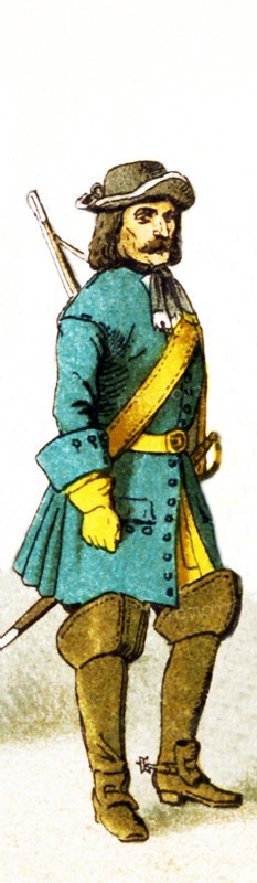 The figure shown here represents a Brandenburg Dragoon (1688). The clothes, attire, and names all date to the 1600s.The illustration dates to 1882.