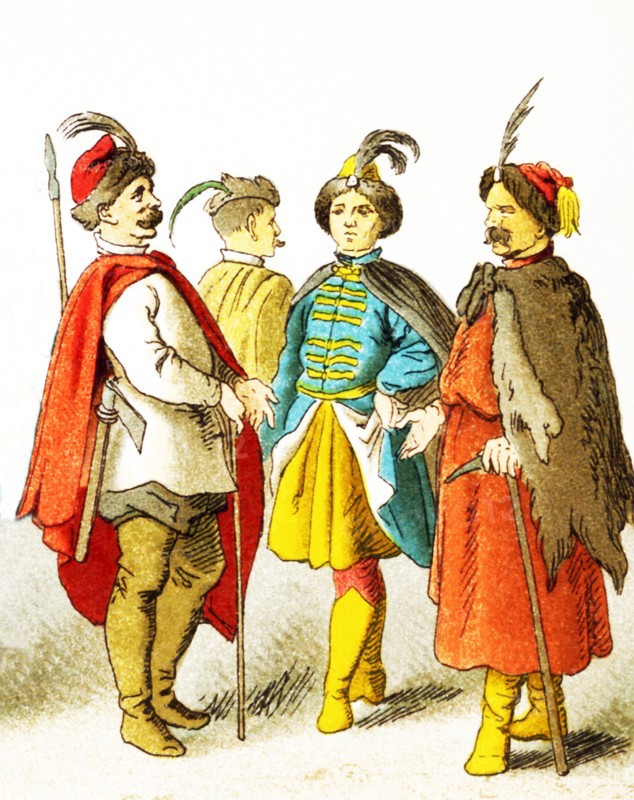 The figures shown here represent, from left to right, are four Polish men. The clothes, attire, and names all date to the 1600s.The illustration dates to 1882.