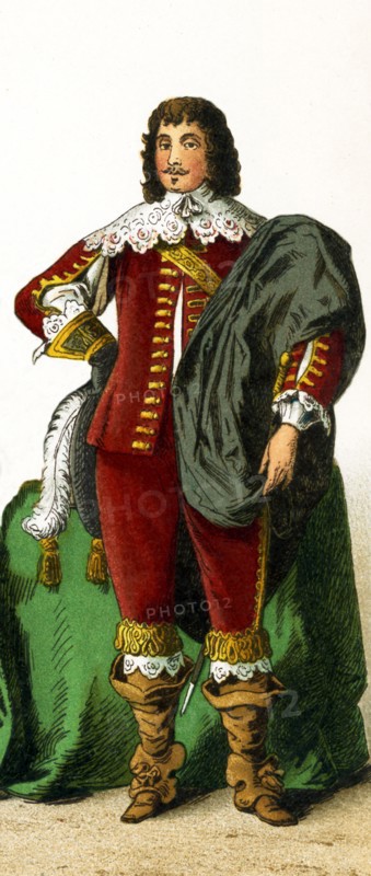 The figure represented here is an English nobleman from the 1600s, the time of Charles I. Charles I was king of England, Scotland, and Ireland from 1625 until his execution in 1649. He was a Stuart and the second son of James VI of Scotland. The illustration dates to 1882.
