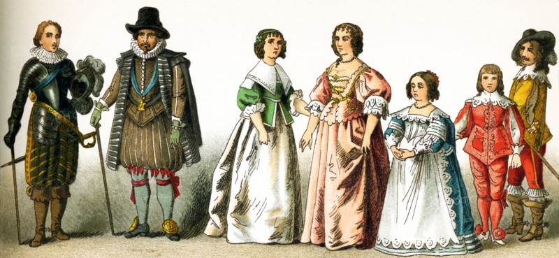 The figures represented here are all English people from the 1600s. They are, from left to right: Charles Prince of Wales, a nobleman, a woman of rank, Henrietta Maria, Consort of Charles I, daughter of Charles I, son of Charles I, a nobleman. Charles I was king of England, Scotland, and Ireland from 1625 until his execution in 1649. He was a Stuart and the second son of James VI of Scotland. The illustration dates to 1882.
