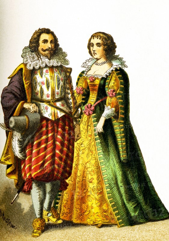 The figures here represent French people in the 1600s. They are, from left to right: a cavalier and a woman of rank. This illustration dates to 1882.