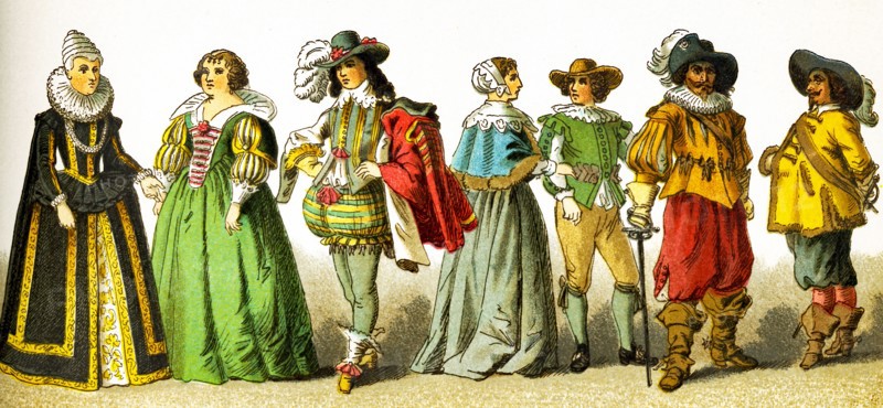 The figures here represent French people in the 1600s. They are, from left to right: Mary de Medici, Mary de Medici, a page, a woman of the Middle Class, a citizen, two soldiers. This illustration dates to 1882.