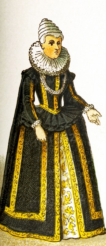 The figure here represents Marie de Medici, queen of France from 1600-1610. This illustration dates to 1882.