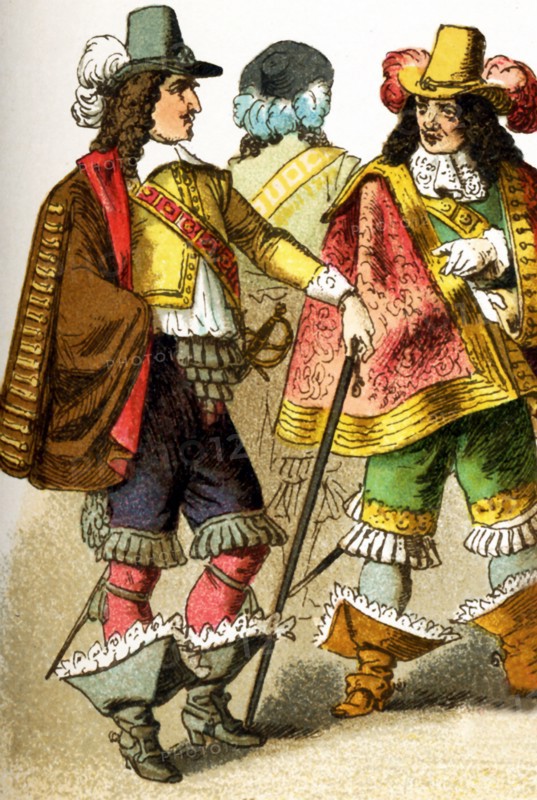 The Figures represented here are all French people living in the 17th century, specifically between 1600 and 1670. They are, specifically, three lords of the court. The illustration dates to 1882.