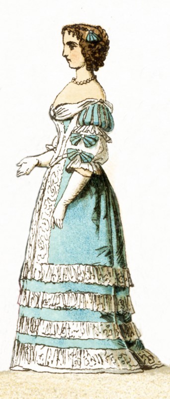 The Figure represented here is a French lady of the court living in the 17th century, specifically between 1600 and 1670. The illustration dates to 1882.