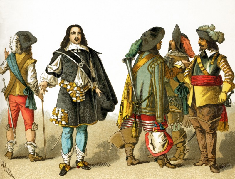 The men in this illustration wear the clothes worn in the Netherlands around 1600. The figures represent, from left to right: a soldier, a man of rank, a trumpeter, and two soldiers. The illustration dates to 1882.