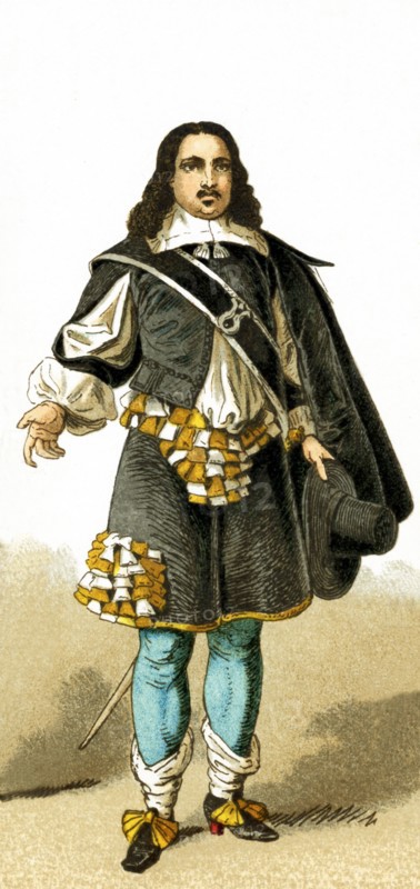 The men in this illustration wear the clothes worn in the Netherlands around 1600 by a man of rank. The illustration dates to 1882.