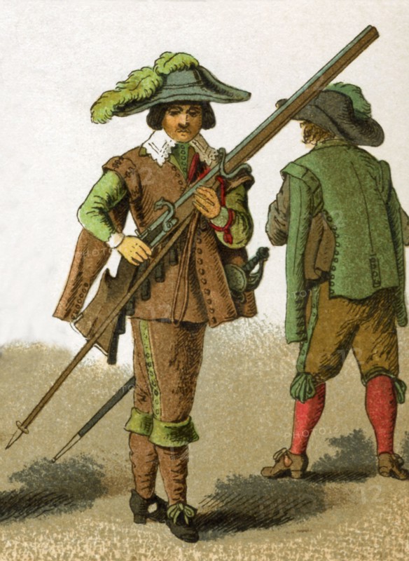 The dress of Netherlands soldiers shown in this illustration date to 1600. This illustration dates to 1882.