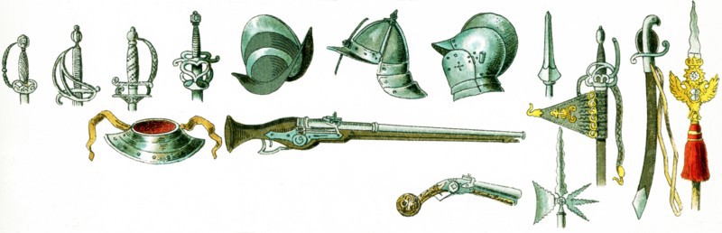 Shown here are miscellaneous military weapons that date to the 1600s. They are, from left to right, top to bottom: From 1600: four swords, three helmets, a partisan (weapon of the 16th and 17th centuries with long shaft and broad blade), two swords, a partisan, a gorget, a carbine, pistol, and a partisan. The illustration dates to 1882. Artifacts European 1600, artifacts European 1700, artifacts European 1800, artifacts European 17th century, artifacts European 18th century, artifacts European 19th century, swords, helmets, partisan, gorget, carbine, pistol, vase, guitar, press, secretaire, chair, tabouret, table, commode, clock, bed, from 1700: a bed, a toilette table, two chairs, three tables, a sofa, a mirror, a chair. two clocks, a chair. two sofas, a chair, a fire screen, three chairs, a table, a seat, a table, a candlestick, a seat, a piano-forte, two tables, a commode, a corner cupboard, a press, a clock, a cup, a fire screen; from 1700-1800: a sofa, a chair, a bookcase, four ch...