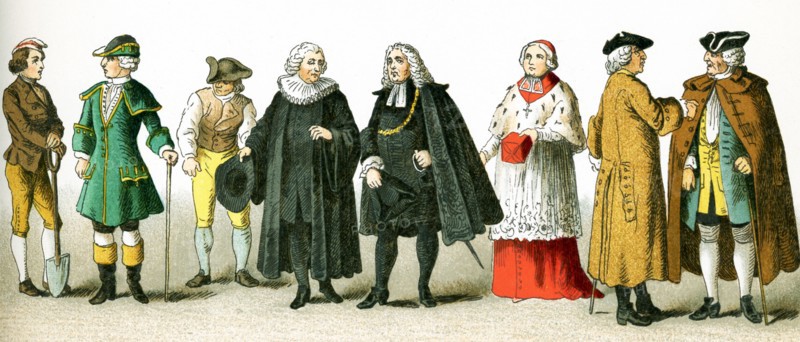 The figures picture here are Germans in 1700. They are, from left to right: peasant, traveling costume, peasant, Protestant clergyman, costume of the Magistracy, bishop, two citizens. This illustration dates to 1882.