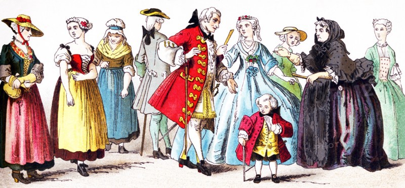 Pictured here are Scottish nobles and commoners around 1700. They are, from left to right: three women, two men of rank, a lady of rank, a young noble boy, a woman, and two ladies of rank. This illustration dates to 1882.